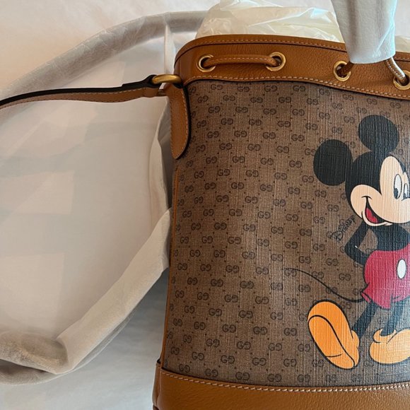 GUCCI GG Disney X Mickey Mouse Print Bucket Leather Tan Brown Italy Bag Mini NEW - Picture 16 of 16